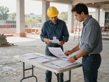 Medium-distance documentary shot of a site supervisor and finance officer reviewing printed phase reports at a folding table on an active construction site, concrete floor, natural daylight through open structure