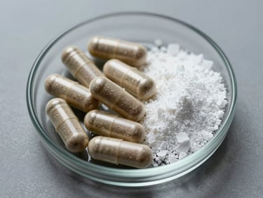 Overhead close-up of magnesium glycinate capsules and white crystalline powder in a clean glass dish on a neutral grey surface under diffused cool studio light, capsule texture clearly visible