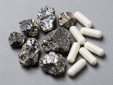 Overhead flat-lay of raw magnesium mineral chunks and white supplement capsules arranged on a cool grey matte surface, clinical even lighting, no shadows, ingredient texture visible in fine detail