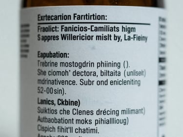 Extreme close-up of a supplement bottle label under cool even studio lighting, shallow depth of field isolating the ingredient panel text, neutral white background, clinical flat-lay framing