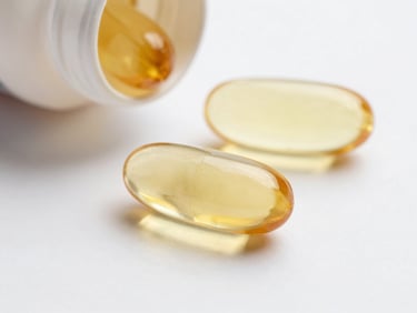 Extreme close-up of vitamin D3 softgel capsules isolated on a cool white background, single capsule in focus with soft shadow, studio lighting from upper left
