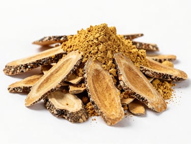 Product-isolation close-up of dried berberine bark chips and golden-yellow powder on a white surface under clean north-facing daylight, raw material texture sharp and well-lit