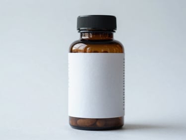 Product isolation shot of a dark amber supplement bottle on a white surface, label facing camera, cool even studio lighting, shallow depth of field with clean white background