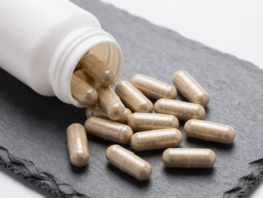 Overhead flat-lay of magnesium glycinate capsules spilled from an open white bottle onto a cool-gray slate surface, even studio lighting, sharp focus on capsule texture, clinical product photography
