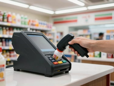 First-person perspective of a rugged black POS terminal on a convenience store counter, bright commercial lighting, hand scanning a bottle
