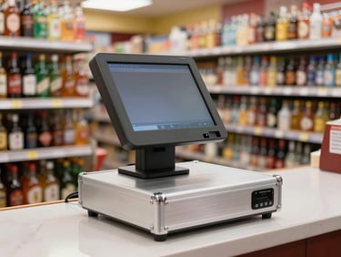 First-person perspective of a heavy-duty cast aluminum POS terminal on a busy liquor store counter, bright commercial lighting, crisp focus, 35mm lens