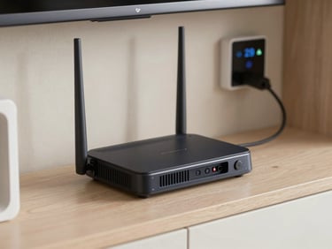 Close-up of a Wi-Fi router and mounted smart home hub on a shelf with clean cable management, daylight-neutral room light, no people, finished installation detail