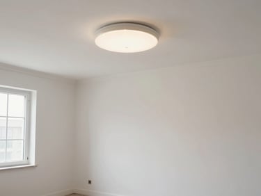 Wide environmental shot of a freshly painted room interior, new light fixture installed, clean baseboards and trim visible, daylight-neutral lighting through a window on the left