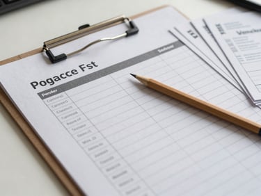 Close-up overhead of a printed project schedule on a clipboard with a pencil resting across it, vendor contact cards fanned beside it, daylight-neutral lighting on a clean work surface