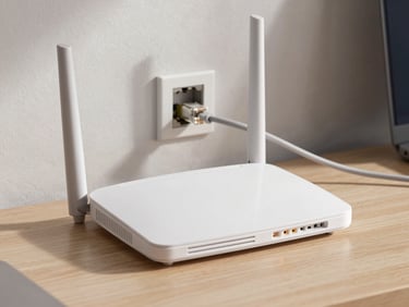 Environmental shot of a white wireless router placed on a desk, status lights visible, Ethernet cable routed cleanly to wall port, neutral office daylight, no people
