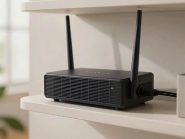 Close-up of a Wi-Fi router and smart home hub mounted cleanly on a wall shelf, cables routed behind, daylight from left, neutral background, no people