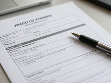 Overhead close-up of a commercial work order form and subcontractor vendor cards spread on a desk, daylight-neutral office lighting, pen resting on paper, clean and orderly