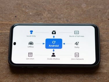 A minimalist technical diagram showing local-only offline data flows on an Android phone, illustrating data staying securely inside the device sandbox with zero external network connections, flat vector style, monospaced labels.