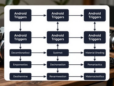 A structured vector flowchart diagram showing local Android triggers mapping directly to system actions, high-contrast Material You color scheme, clean technical layout
