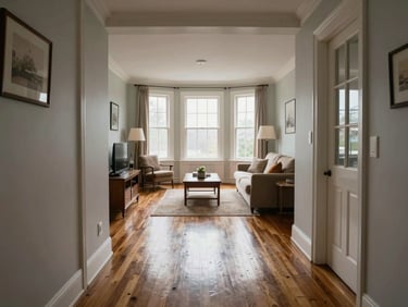 Interior of a well-lit Baltimore County colonial home, wide-angle view from hallway toward a bright living room with hardwood floors, overcast north-facing window light rendering true room character, camera positioned low for a smooth walkthrough perspective