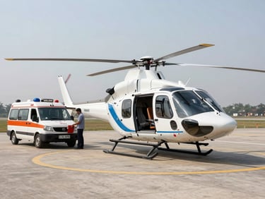 Wide shot of a clean, modern medical helicopter on an active airport tarmac in India, with an ambulance parked alongside and flight crew preparing transit equipment under bright daylight.