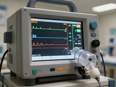 Close-up of a state-of-the-art medical transport ventilator screen showing active vital signs, clinical interior lighting, high clarity.
