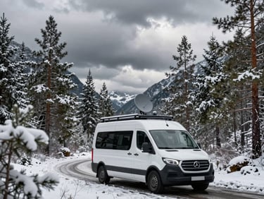 An off-grid camper van parked in a deep valley under heavy grey clouds, a satellite dish mounted on the roof rack, surrounding pine trees dusted with light snow.