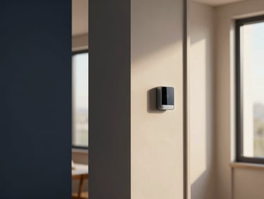 A warm, sunlit hallway of a modern home showing a subtle, wall-mounted smart sensor, clean architectural lines