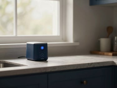 A modern, beautifully organized kitchen counter with a discreet smart medication dispenser, soft natural light