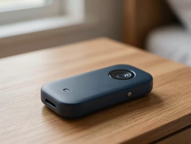 Close-up of a sleek, minimalist fall detection device resting on a wooden bedside table, warm morning light, shallow depth of field