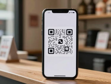A close-up of a smartphone screen displaying a custom QR code next to a shop counter, bright natural daylight.