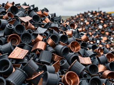 Sorted industrial plastic waste fragments in a clean recovery facility, high-contrast lighting, technical focus.