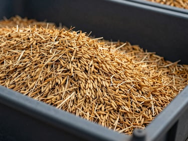 Macro shot of dry golden rice husks in an industrial storage bin, sharp focus, deep slate shadows, industrial documentary style.