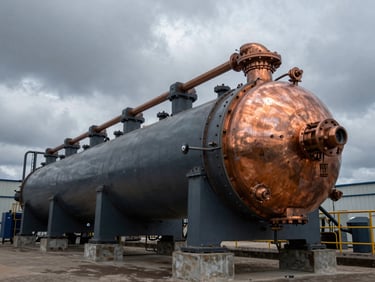 Industrial documentary photography of a continuous pyrolysis reactor, high-contrast industrial lighting, dramatic overcast daylight, deep slate tones, sharp focus, 35mm lens.