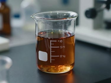 Close-up laboratory testing of dark amber bio-oil in a glass beaker, crisp studio lighting, professional technical setting