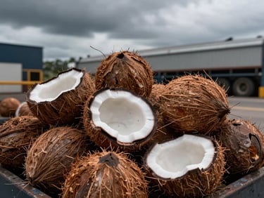 Close-up of broken coconut shells stacked outside a processing facility, overcast dramatic daylight, 35mm lens.