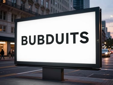 Wide shot of a campaign billboard in situ on a city street at dusk, clean sans-serif headline visible, ambient urban light, photographed from street level looking up at a slight angle