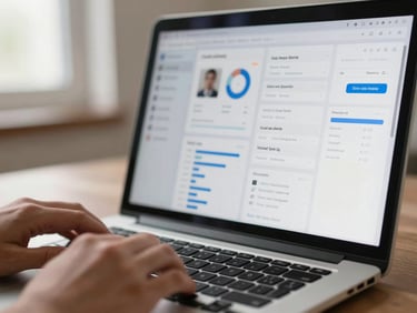 Close-up of a laptop screen displaying a social media analytics dashboard with clean data visualisations, hands resting on keyboard in foreground, daylight from the left, shallow depth of field