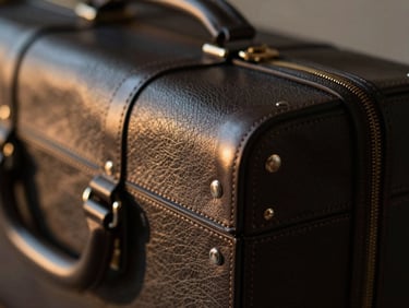 Macro shot of hand-stitched dark leather luggage details, soft ambient evening light, deep obsidian and warm champagne tones, 35mm