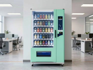 Straight-on eye-level shot of a sleek modern vending machine in a bright corporate breakroom, clean office interior lighting, crisp details, light green accents