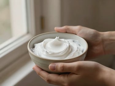 Close-up of hands holding a ceramic bowl of white shaving cream, soft window light, muted earthy tones, 35mm