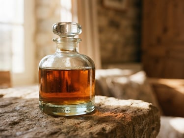 A close-up of a heavy glass fragrance bottle on a textured stone surface, catching warm natural window light, shallow depth of field, 35mm