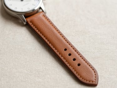 Close-up of a textured leather watch strap and clean dial against a neutral linen background, warm natural light, 35mm