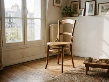 A straightforward eye-level shot of a vintage wooden chair sitting in a sunlit French apartment corner, soft natural daylight, warm organic tones, 35mm film look