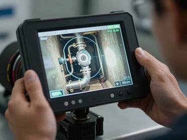 Close-up of a digital locator screen showing pipe interior diagnostics, high-contrast work light, professional technician hands holding the device.