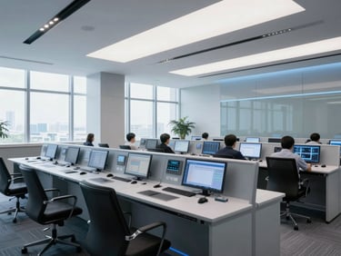 Wide architectural shot of a high-tech corporate control room with cool crisp daylight, subtle blue ambient light, clean professional environments, editorial, 35mm