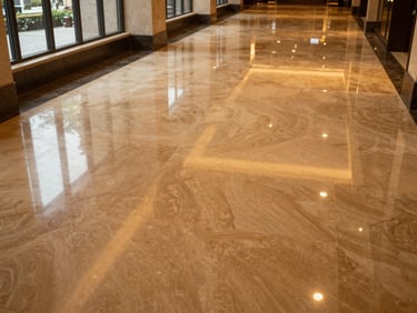 Overhead environmental shot of a polished epoxy floor in a hotel lobby or private home entryway, warm amber-toned ambient light from side windows, surface reflection visible, no people, floor stretching to far wall
