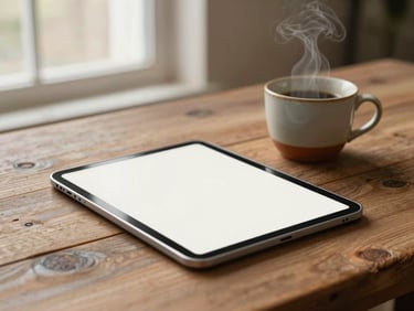 Warm editorial photography of a digital tablet mockup lying on a rustic wooden table next to a steaming ceramic cup, soft diffused window light, earthy brown tones, shallow depth of field, 35mm