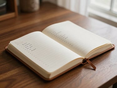 Warm editorial photography of an open leather-bound notebook with clean handwritten lists on a dark oak desk, soft diffused window light, terracotta tones, shallow depth of field, 35mm