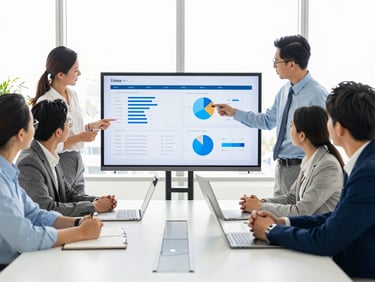 A professional business meeting in a sunlit Florida boardroom, diverse team analyzing logistics charts on a screen, bright high-key lighting