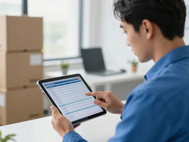 Daylight commercial shot of a professional logistics manager analyzing shipping schedules on a modern tablet, bright clean office background