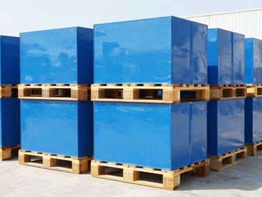 Bright high-key daylight photography of clean organized product pallets in a modern spacious warehouse, vibrant blue and amber accents, sharp focus