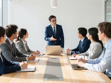 Sunlit modern conference room with professional business meeting, diverse team discussing sales strategy, bright high-key lighting