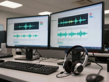 Overhead close-up of a quality assurance workstation with two large monitors displaying call analytics dashboards and waveform recordings, headset cable coiled neatly beside keyboard, facility overhead lighting, no person visible, corporate technical environment