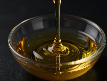 Macro close-up of luminous golden olive oil pouring into a sleek black crystal dish, high contrast, black background